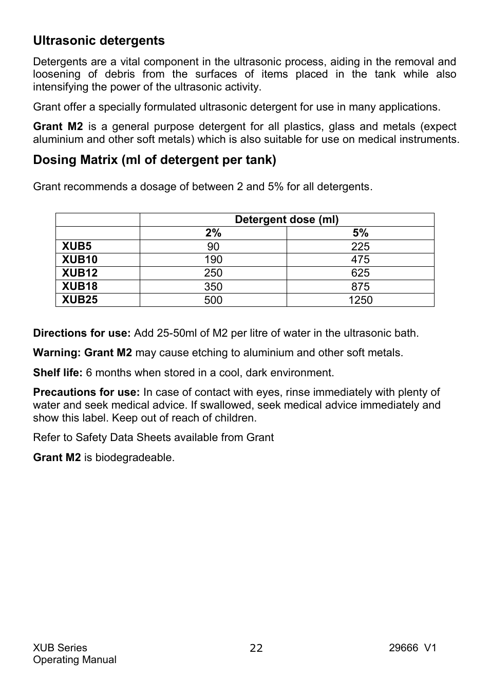 Ultrasonic detergents, Dosing matrix (ml of detergent per tank) | Grant Instruments XUB Series User Manual | Page 24 / 156