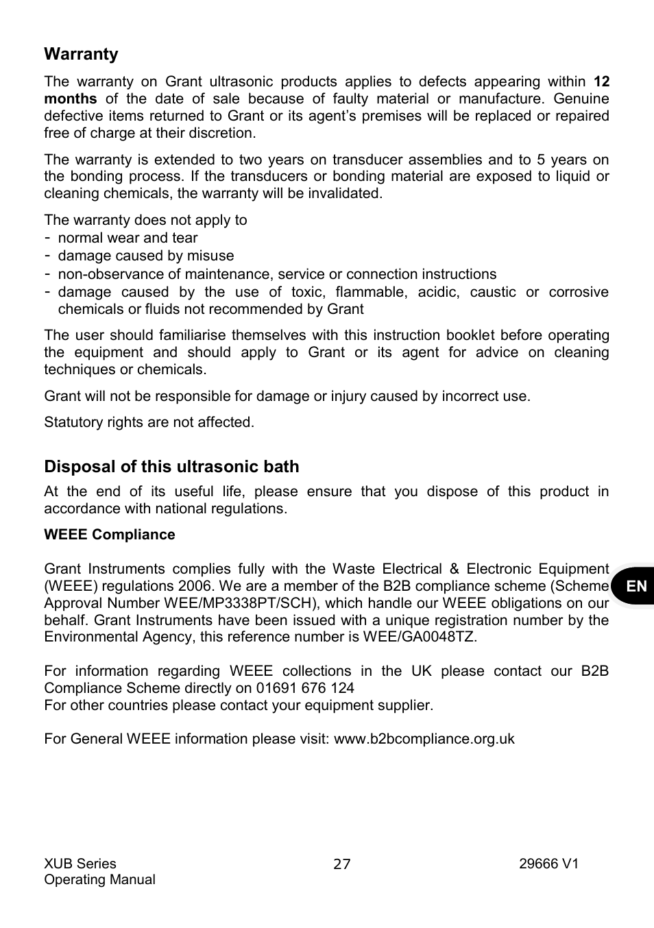 Warranty, Disposal of this ultrasonic bath | Grant Instruments XUB Series User Manual | Page 29 / 156