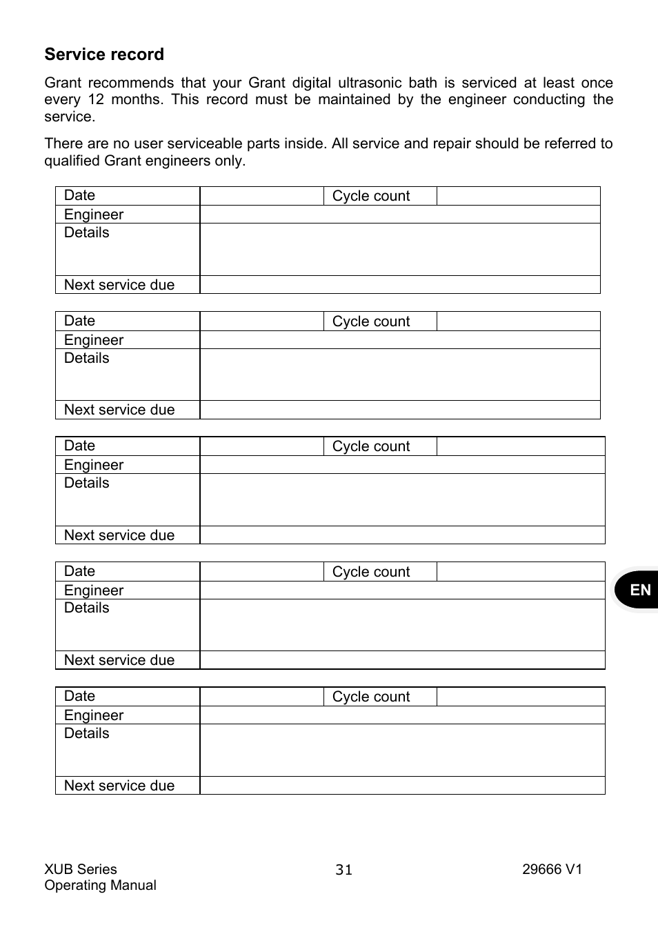 Service record | Grant Instruments XUB Series User Manual | Page 33 / 156