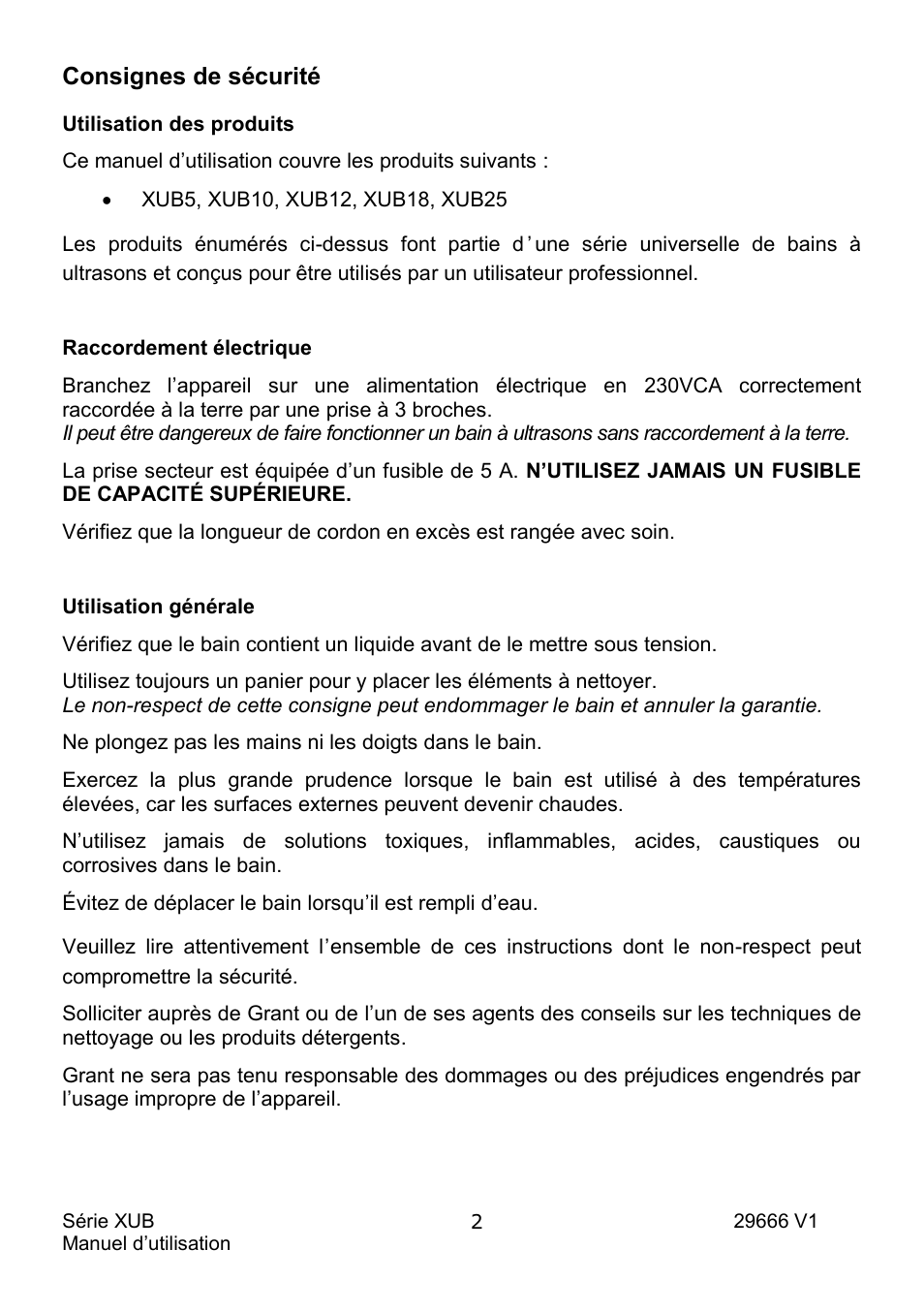 Consignes de sécurité | Grant Instruments XUB Series User Manual | Page 36 / 156