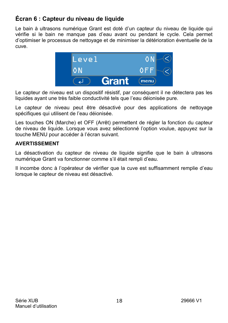 Écran 6 : capteur du niveau de liquide | Grant Instruments XUB Series User Manual | Page 52 / 156