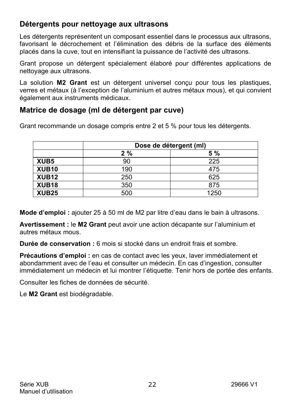 Détergents pour nettoyage aux ultrasons, Matrice de dosage (ml de détergent par cuve) | Grant Instruments XUB Series User Manual | Page 56 / 156