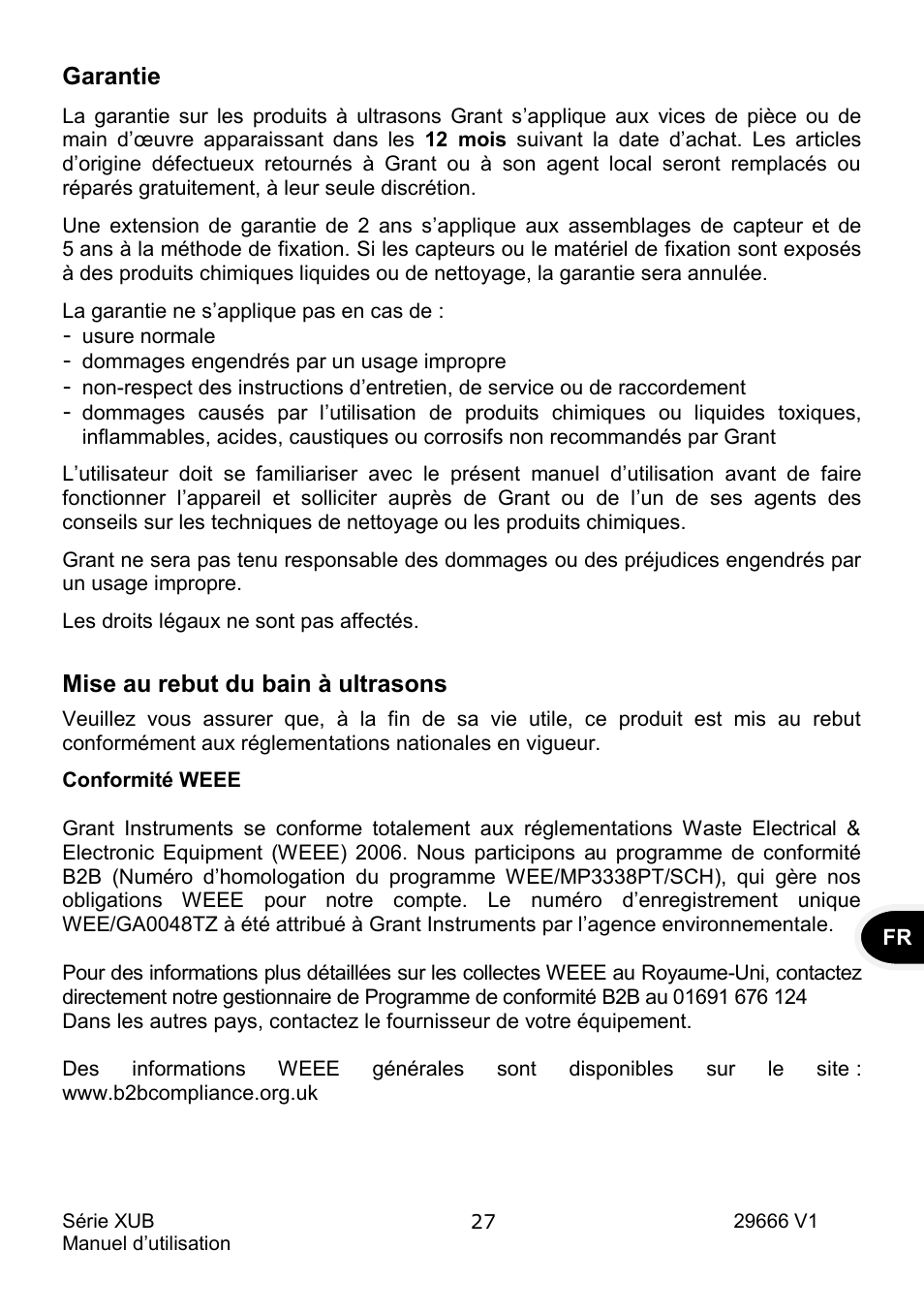 Garantie, Mise au rebut du bain à ultrasons | Grant Instruments XUB Series User Manual | Page 61 / 156