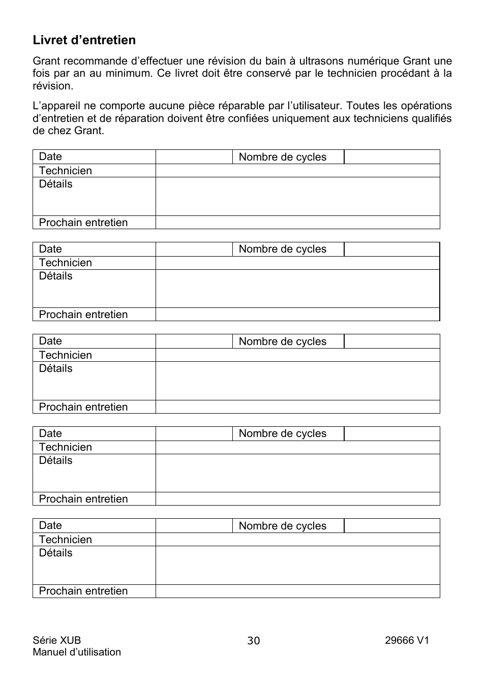 Livret d’entretien | Grant Instruments XUB Series User Manual | Page 64 / 156