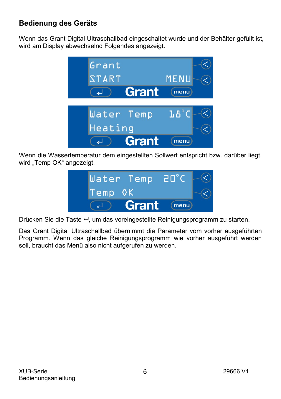 Bedienung des geräts | Grant Instruments XUB Series User Manual | Page 70 / 156
