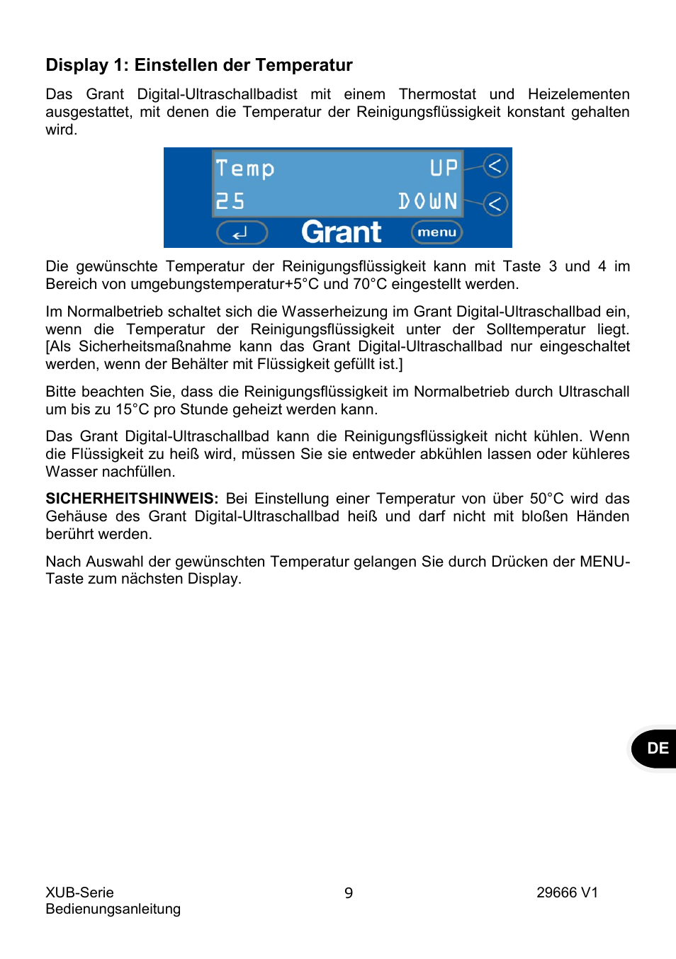 Display 1: einstellen der temperatur | Grant Instruments XUB Series User Manual | Page 73 / 156