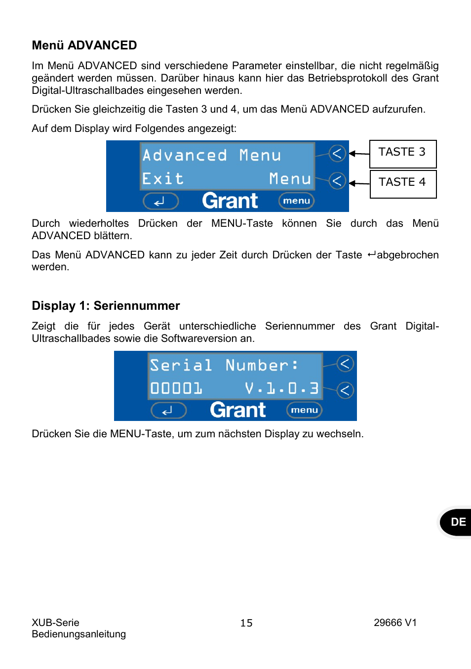 Menü advanced, Display 1: seriennummer | Grant Instruments XUB Series User Manual | Page 79 / 156