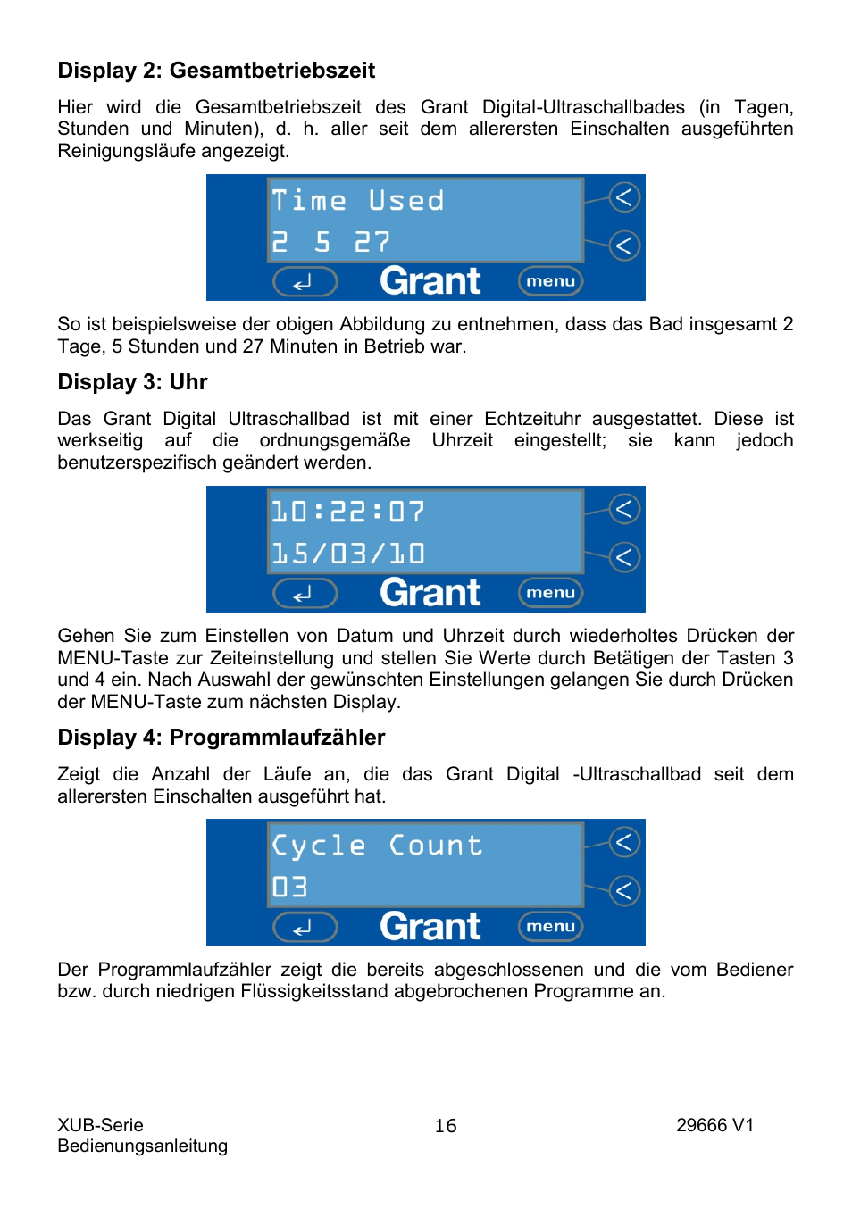 Display 2: gesamtbetriebszeit, Display 3: uhr, Display 4: programmlaufzähler | Grant Instruments XUB Series User Manual | Page 80 / 156