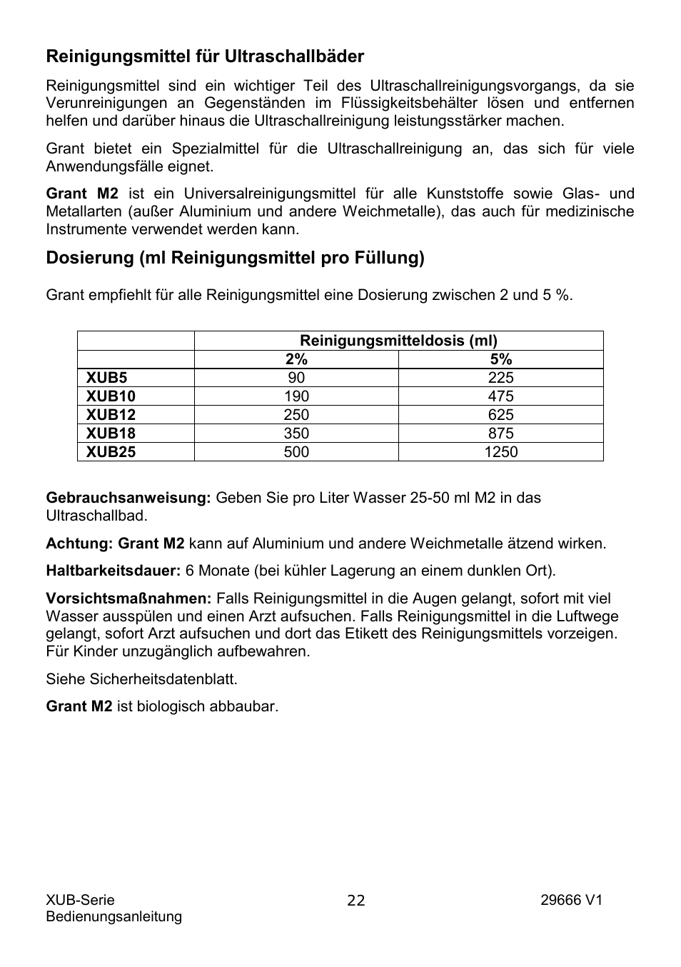 Reinigungsmittel für ultraschallbäder, Dosierung (ml reinigungsmittel pro füllung) | Grant Instruments XUB Series User Manual | Page 86 / 156