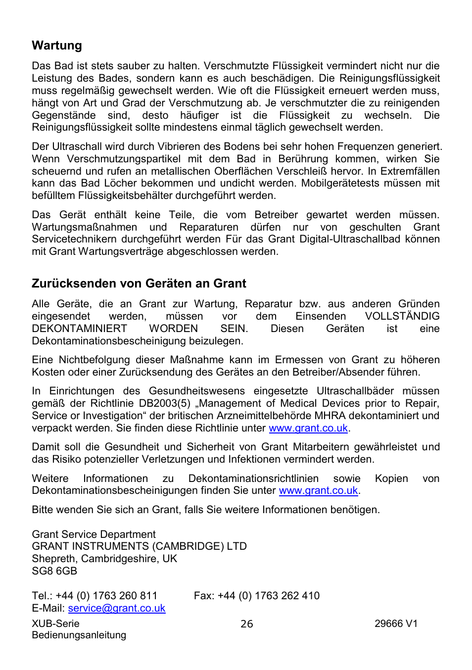 Wartung, Zurücksenden von geräten an grant | Grant Instruments XUB Series User Manual | Page 90 / 156