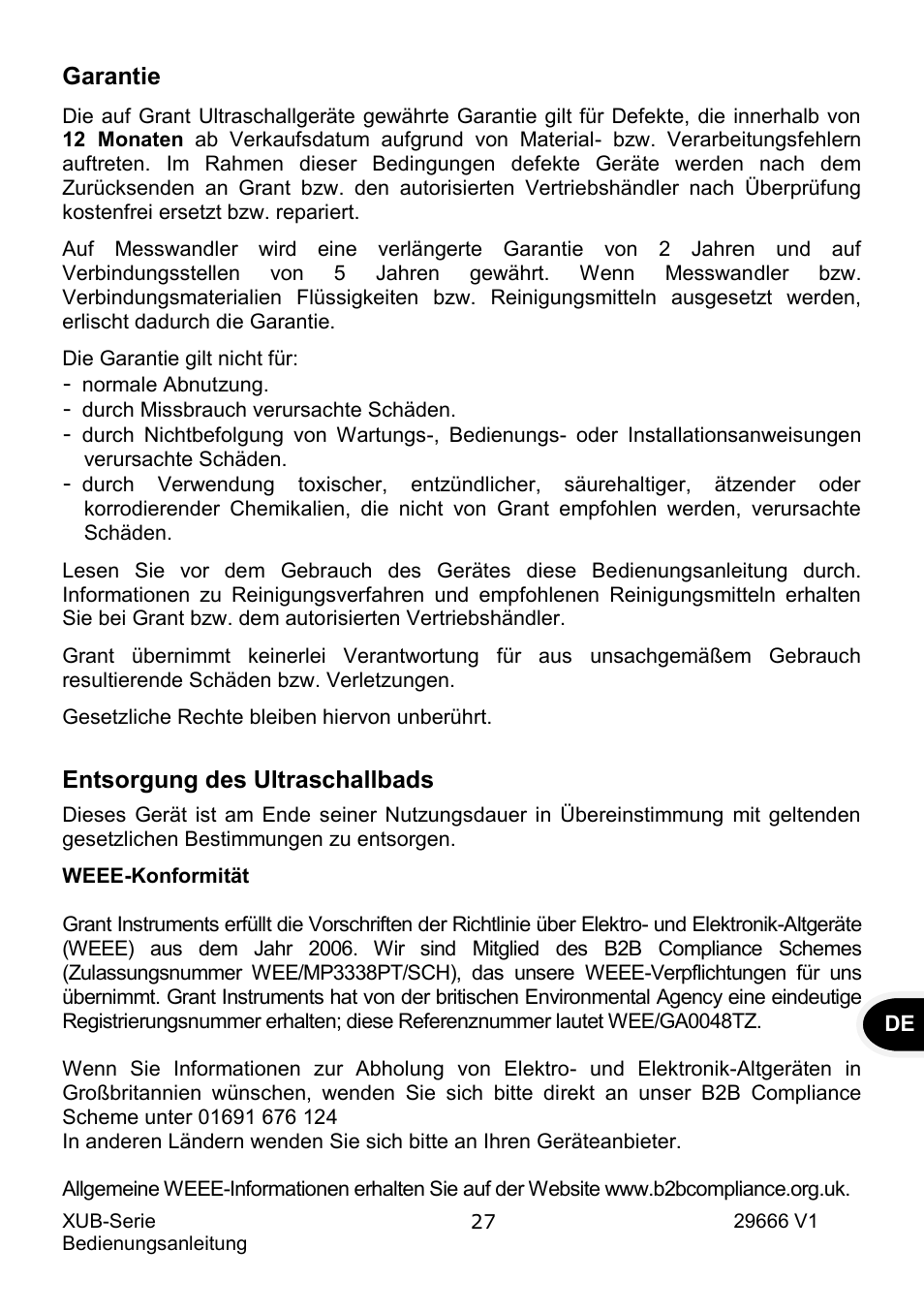 Garantie, Entsorgung des ultraschallbads | Grant Instruments XUB Series User Manual | Page 91 / 156