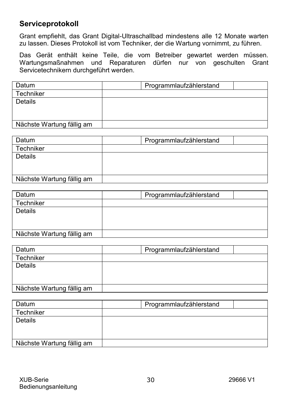 Serviceprotokoll | Grant Instruments XUB Series User Manual | Page 94 / 156