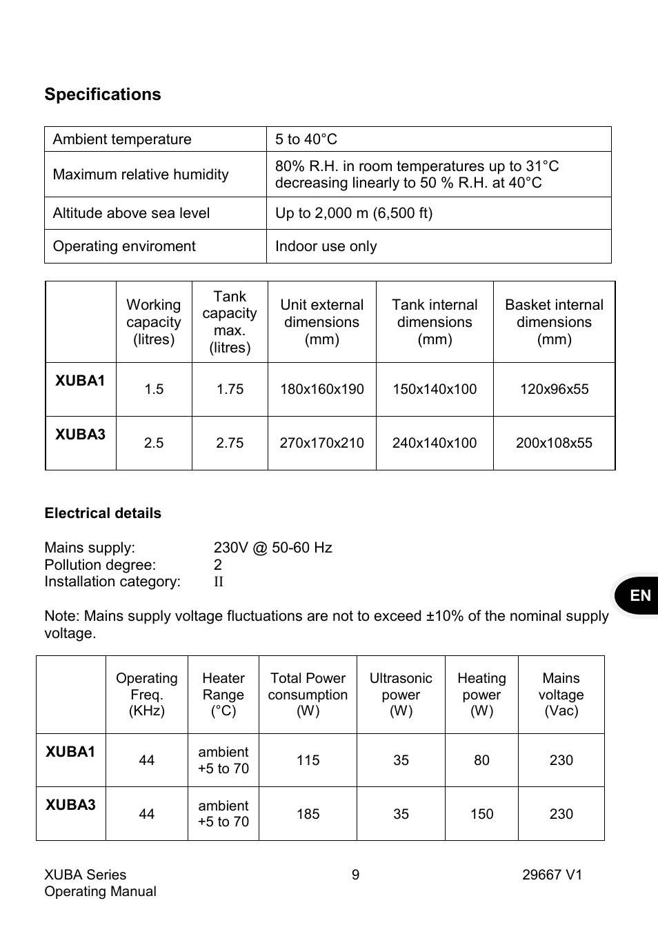 Specifications | Grant Instruments XUBA Series User Manual | Page 11 / 94