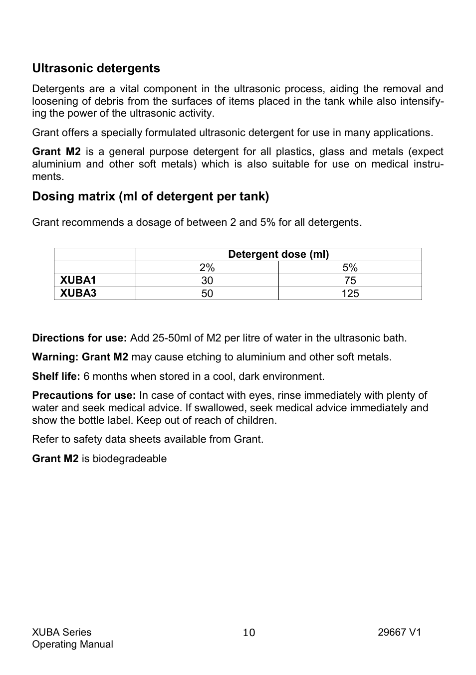 Ultrasonic detergents, Dosing matrix (ml of detergent per tank) | Grant Instruments XUBA Series User Manual | Page 12 / 94