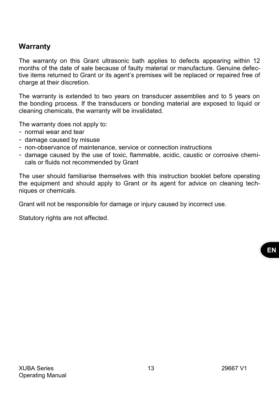 Warranty | Grant Instruments XUBA Series User Manual | Page 15 / 94