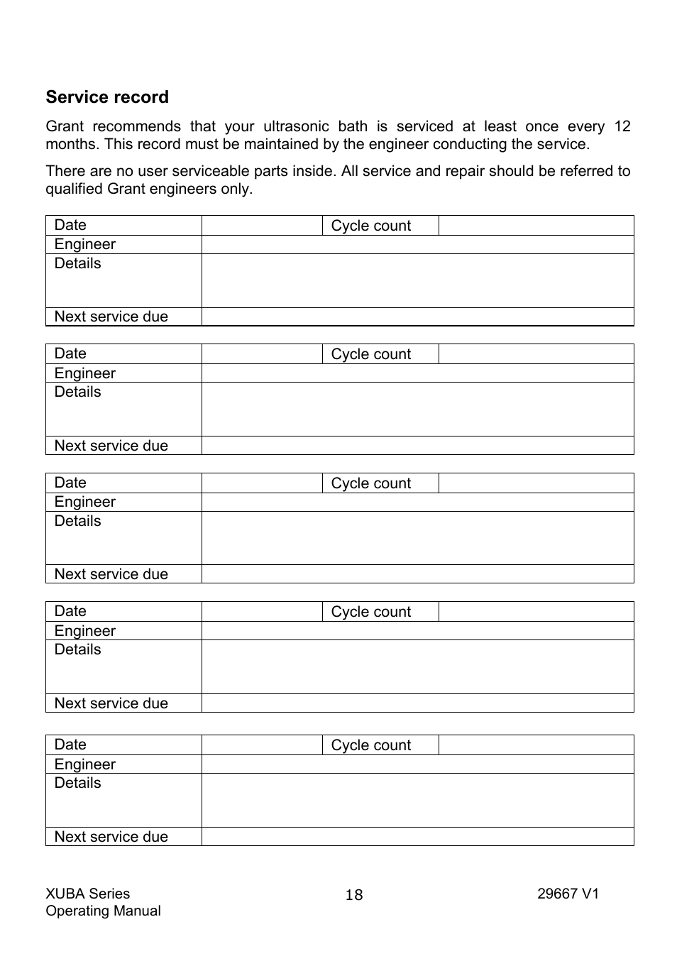 Service record | Grant Instruments XUBA Series User Manual | Page 20 / 94