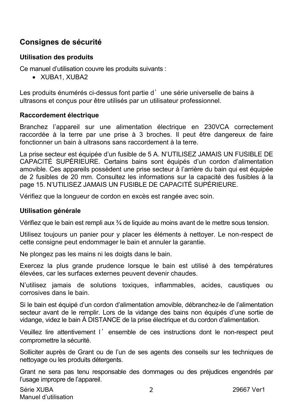 Consignes de sécurité | Grant Instruments XUBA Series User Manual | Page 22 / 94