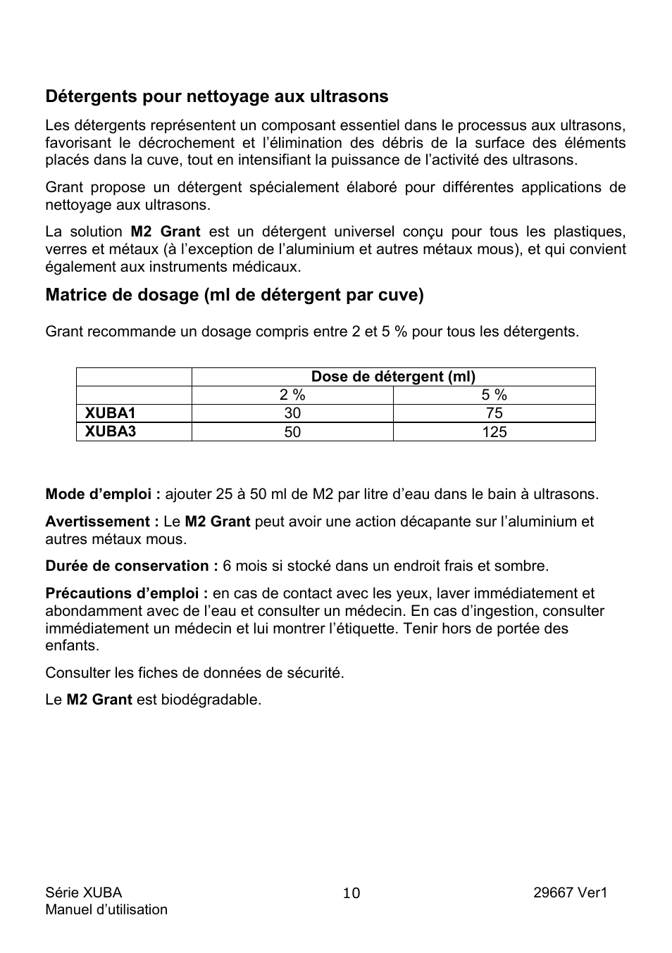 Détergents pour nettoyage aux ultrasons, Matrice de dosage (ml de détergent par cuve) | Grant Instruments XUBA Series User Manual | Page 30 / 94