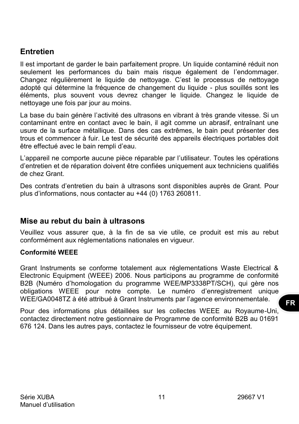 Entretien, Mise au rebut du bain à ultrasons | Grant Instruments XUBA Series User Manual | Page 31 / 94