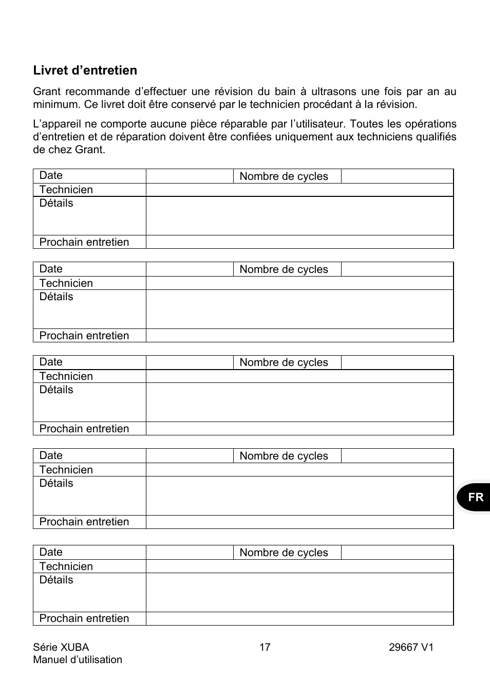 Livret d’entretien | Grant Instruments XUBA Series User Manual | Page 37 / 94