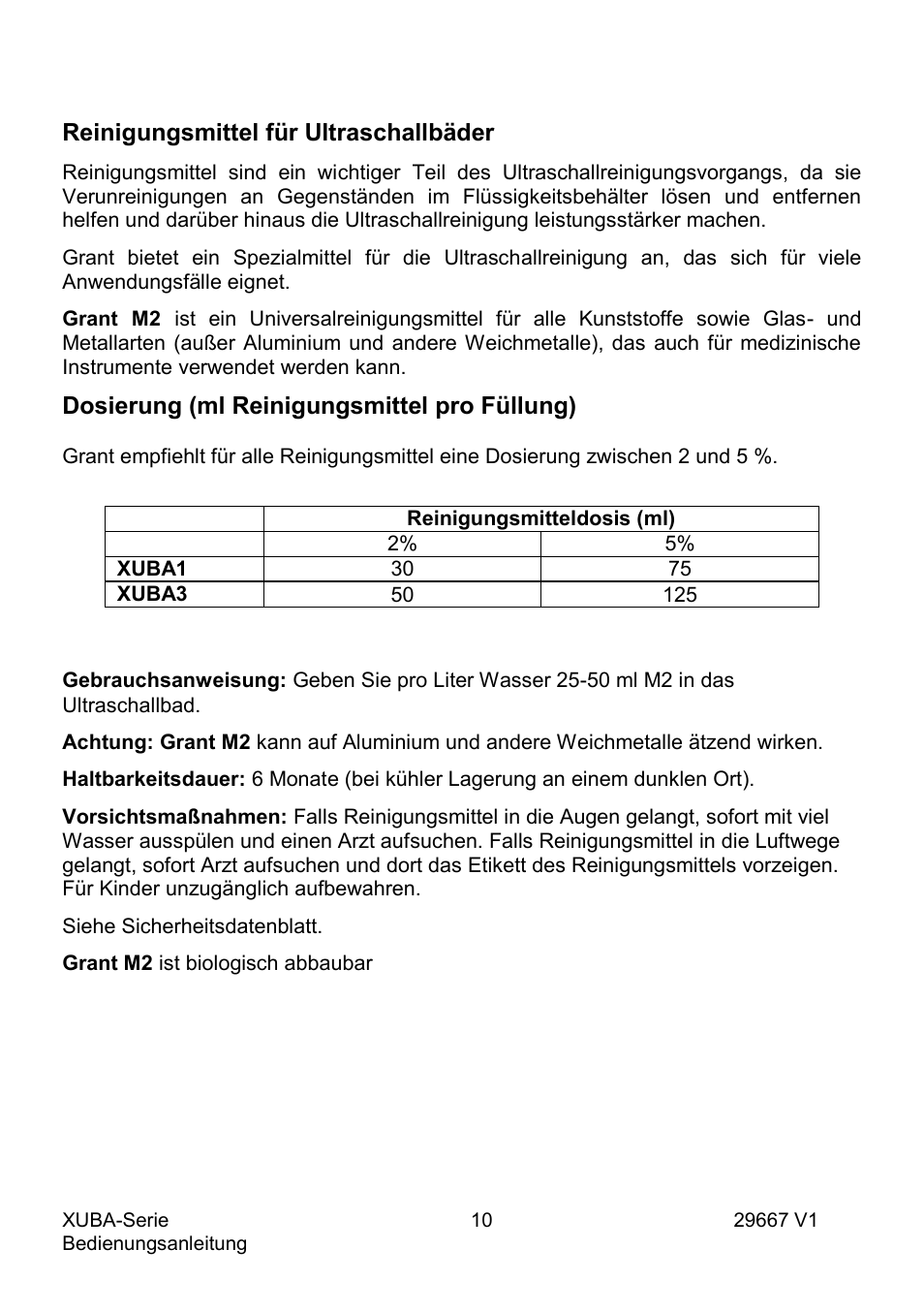 Reinigungsmittel für ultraschallbäder, Dosierung (ml reinigungsmittel pro füllung) | Grant Instruments XUBA Series User Manual | Page 48 / 94