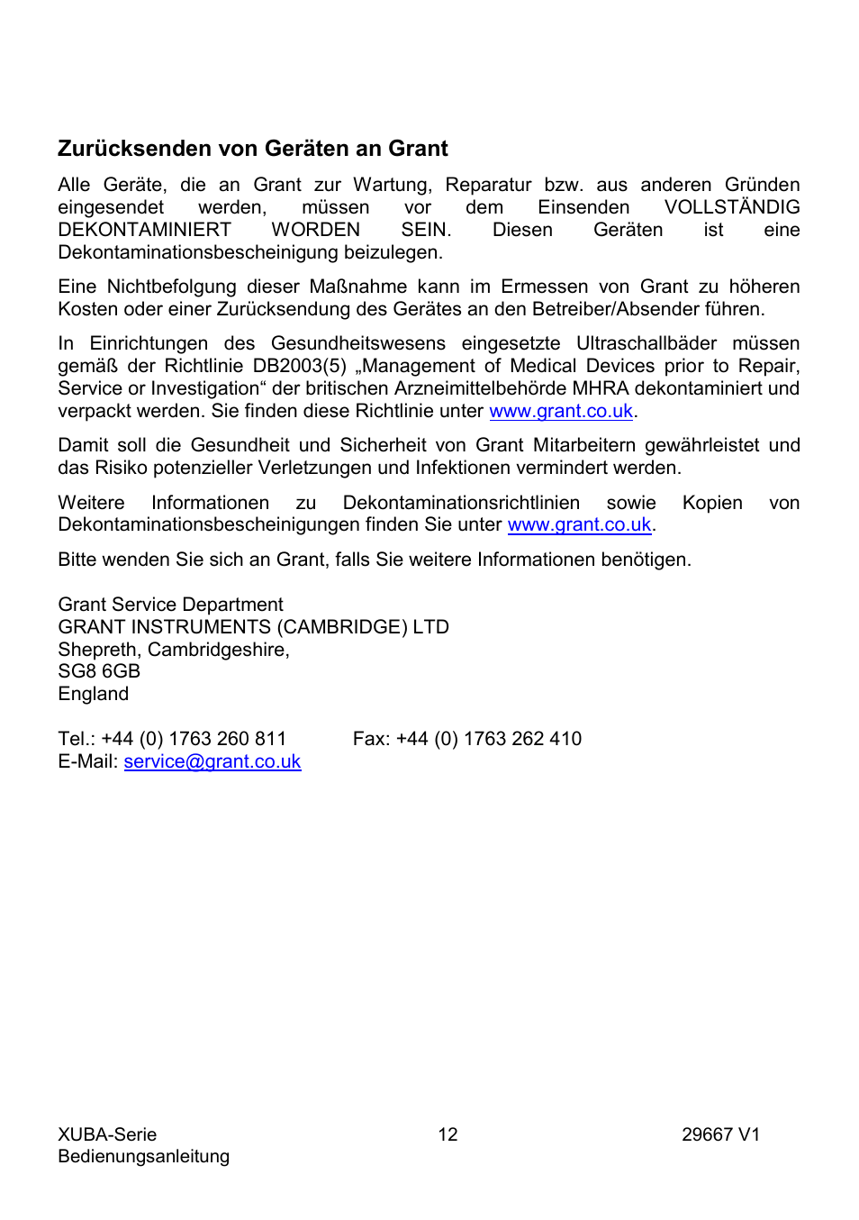 Zurücksenden von geräten an grant | Grant Instruments XUBA Series User Manual | Page 50 / 94