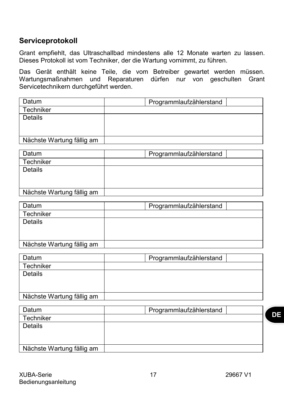 Serviceprotokoll | Grant Instruments XUBA Series User Manual | Page 55 / 94