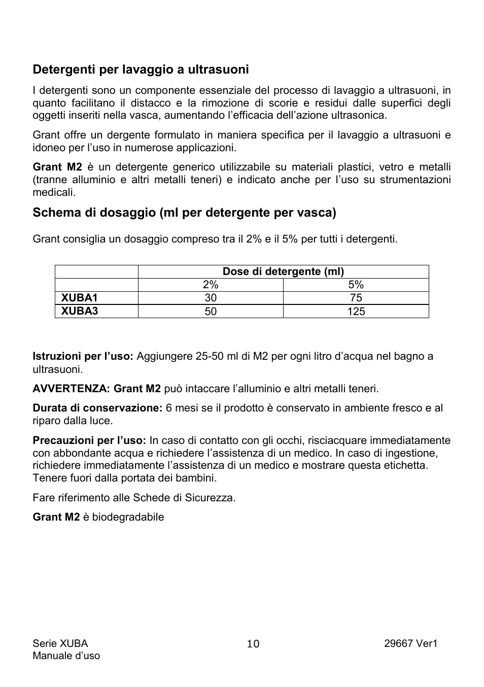 Detergenti per lavaggio a ultrasuoni, Schema di dosaggio (ml per detergente per vasca) | Grant Instruments XUBA Series User Manual | Page 66 / 94