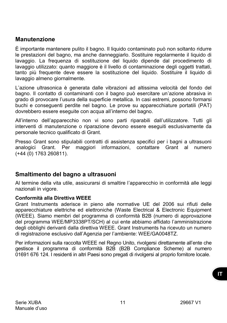 Manutenzione, Smaltimento del bagno a ultrasuoni | Grant Instruments XUBA Series User Manual | Page 67 / 94