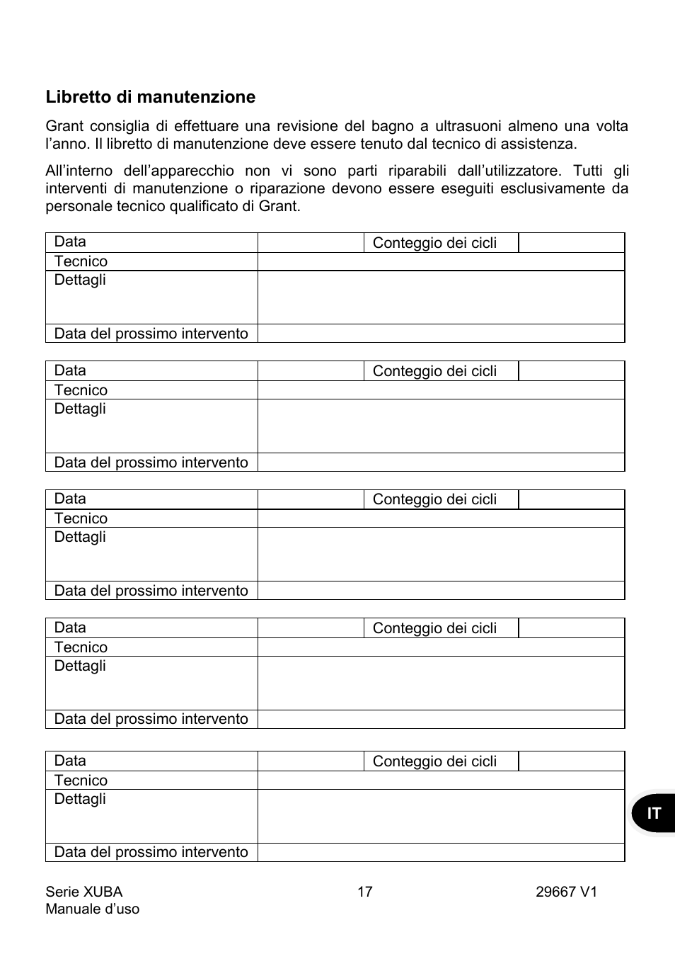 Libretto di manutenzione | Grant Instruments XUBA Series User Manual | Page 73 / 94