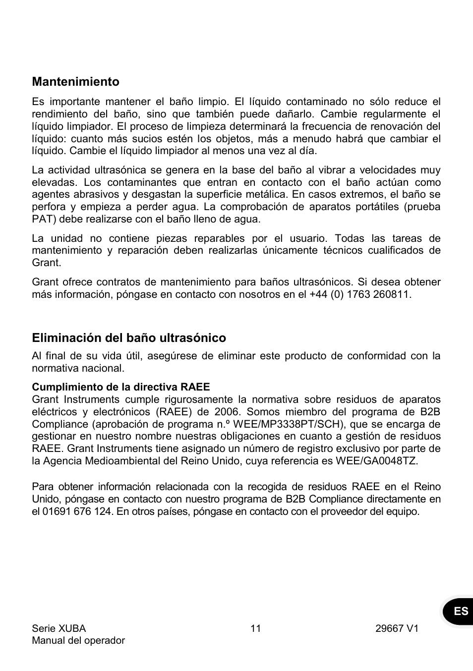 Mantenimiento, Eliminación del baño ultrasónico | Grant Instruments XUBA Series User Manual | Page 85 / 94