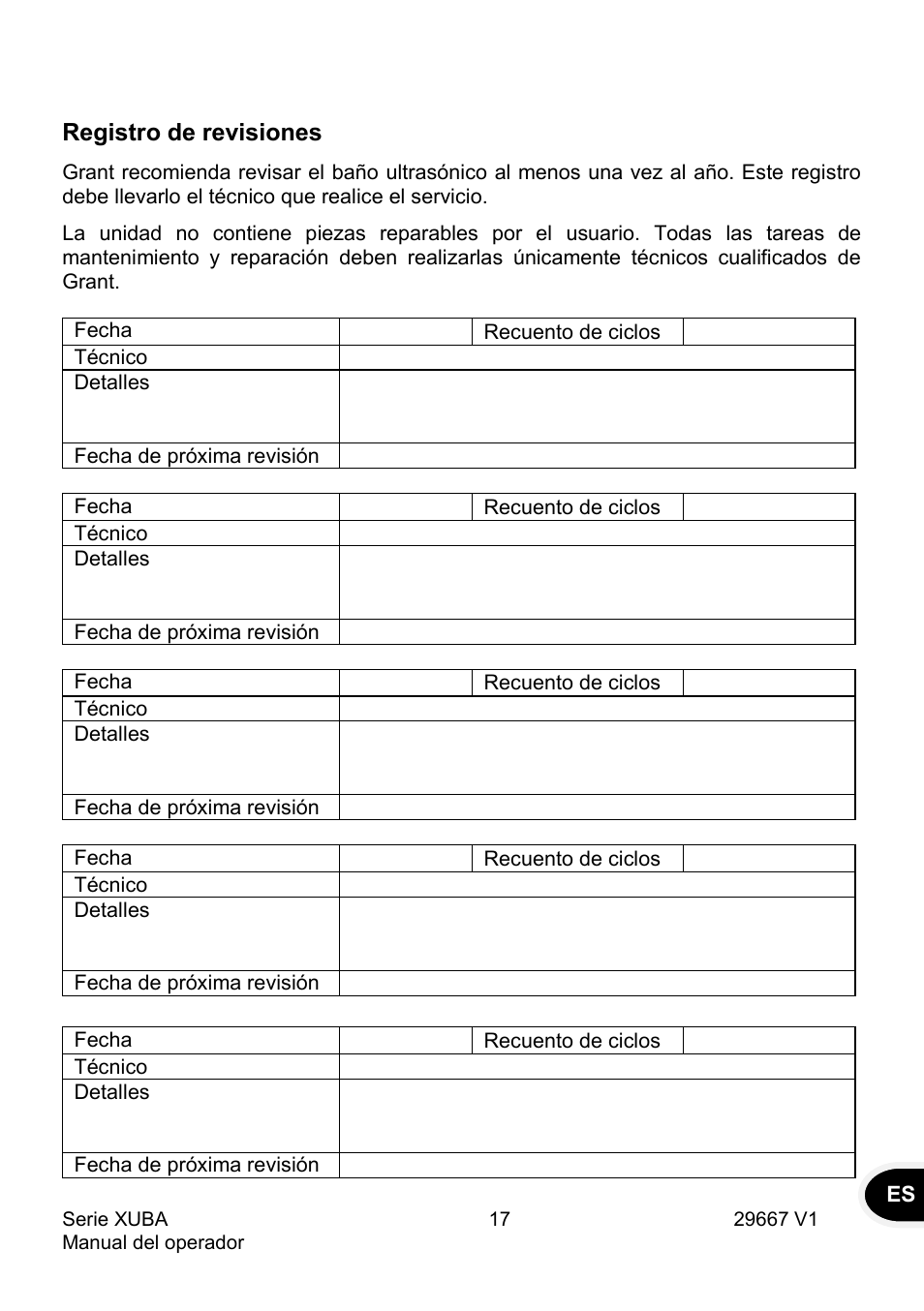 Registro de revisiones | Grant Instruments XUBA Series User Manual | Page 91 / 94