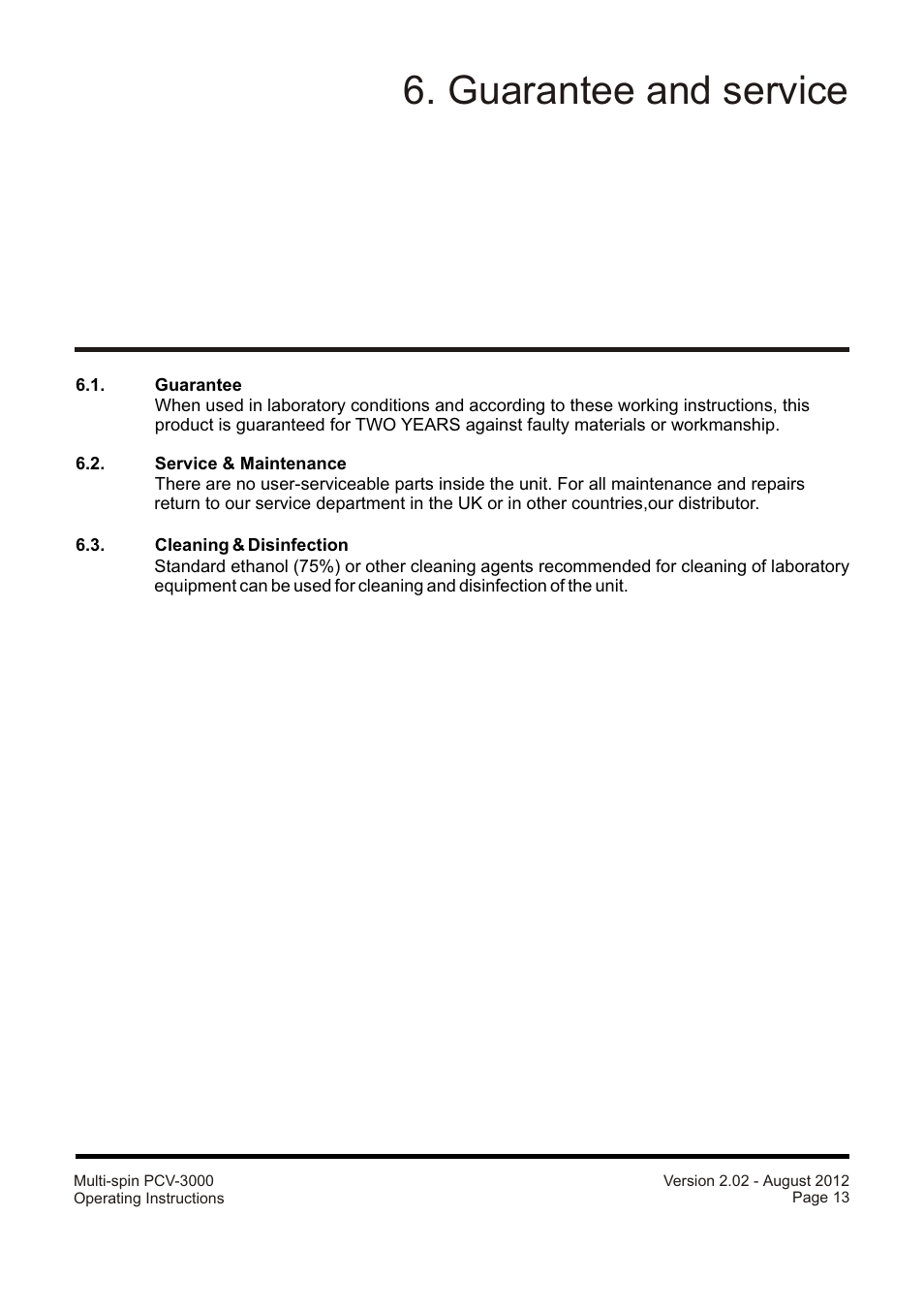 Guarantee and service | Grant Instruments PCV-3000 User Manual | Page 13 / 16