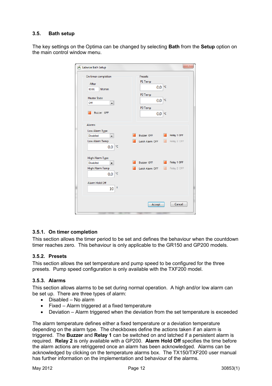Bath setup, On timer completion, Presets | Alarms | Grant Instruments Labwise User Manual | Page 12 / 24