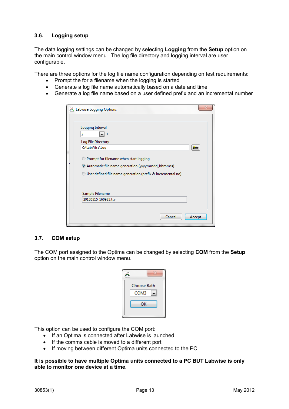 Logging setup, Com setup | Grant Instruments Labwise User Manual | Page 13 / 24