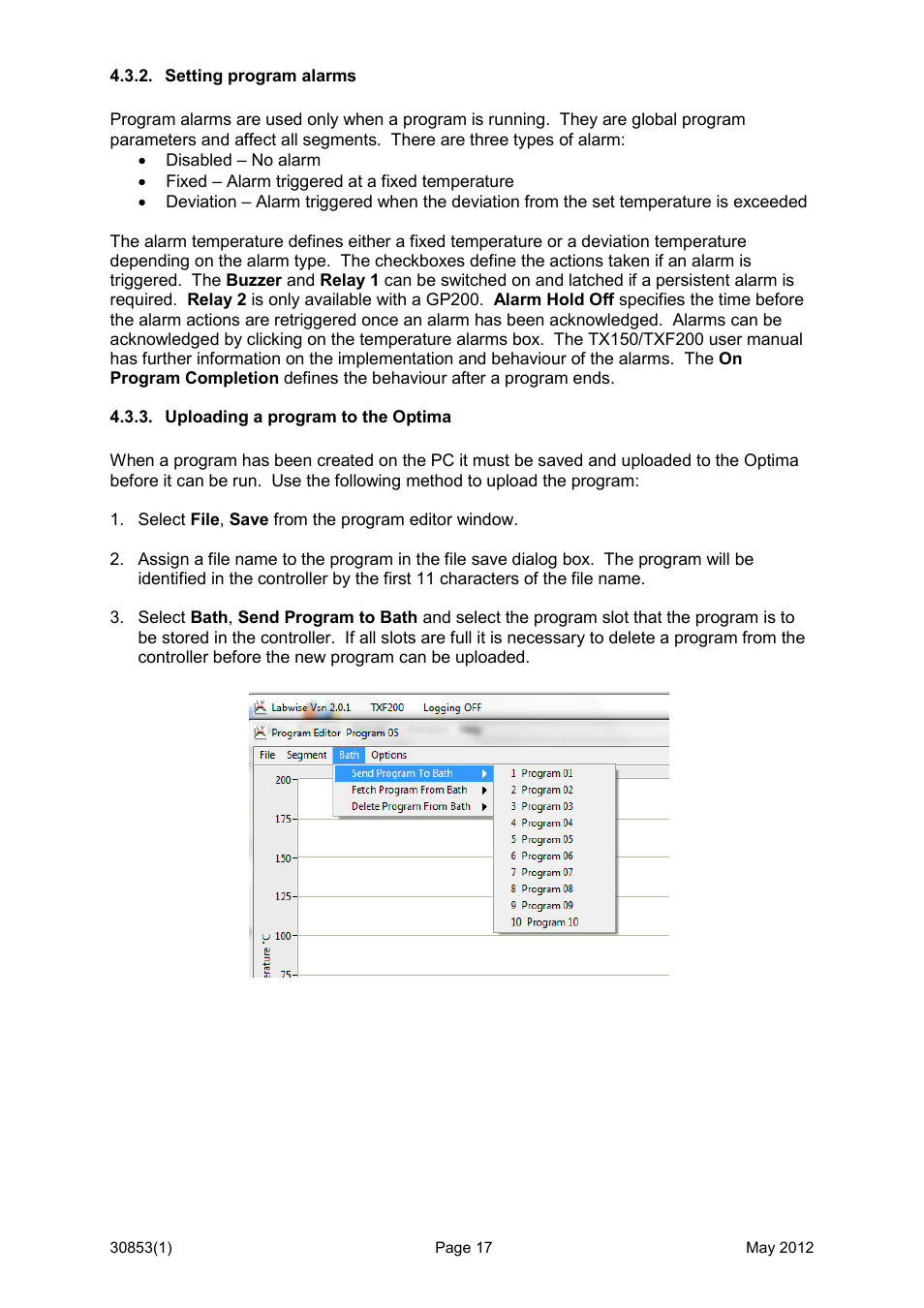 Setting program alarms, Uploading a program to the optima | Grant Instruments Labwise User Manual | Page 17 / 24
