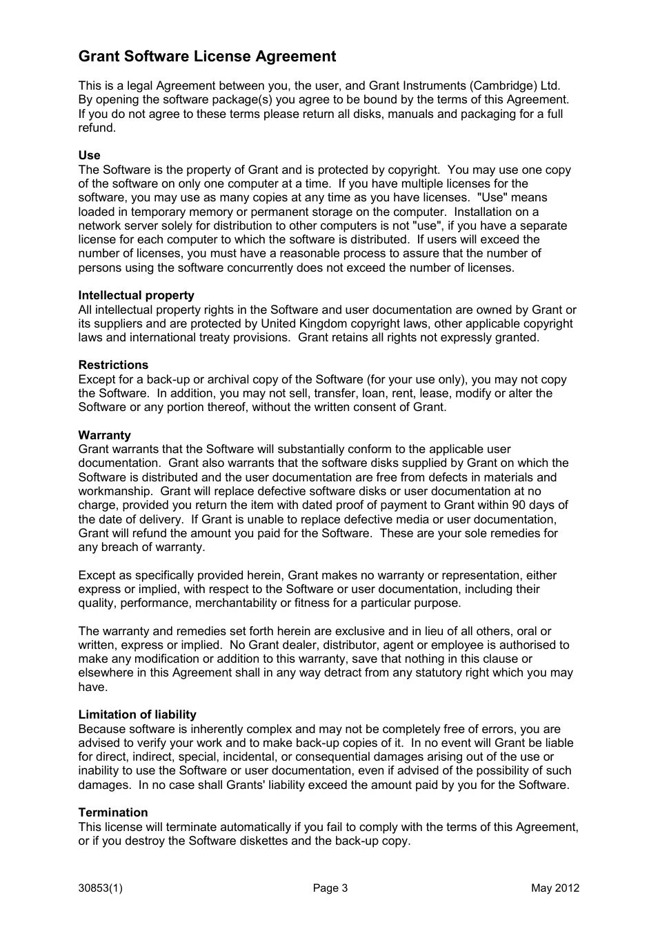 Grant software license agreement | Grant Instruments Labwise User Manual | Page 3 / 24