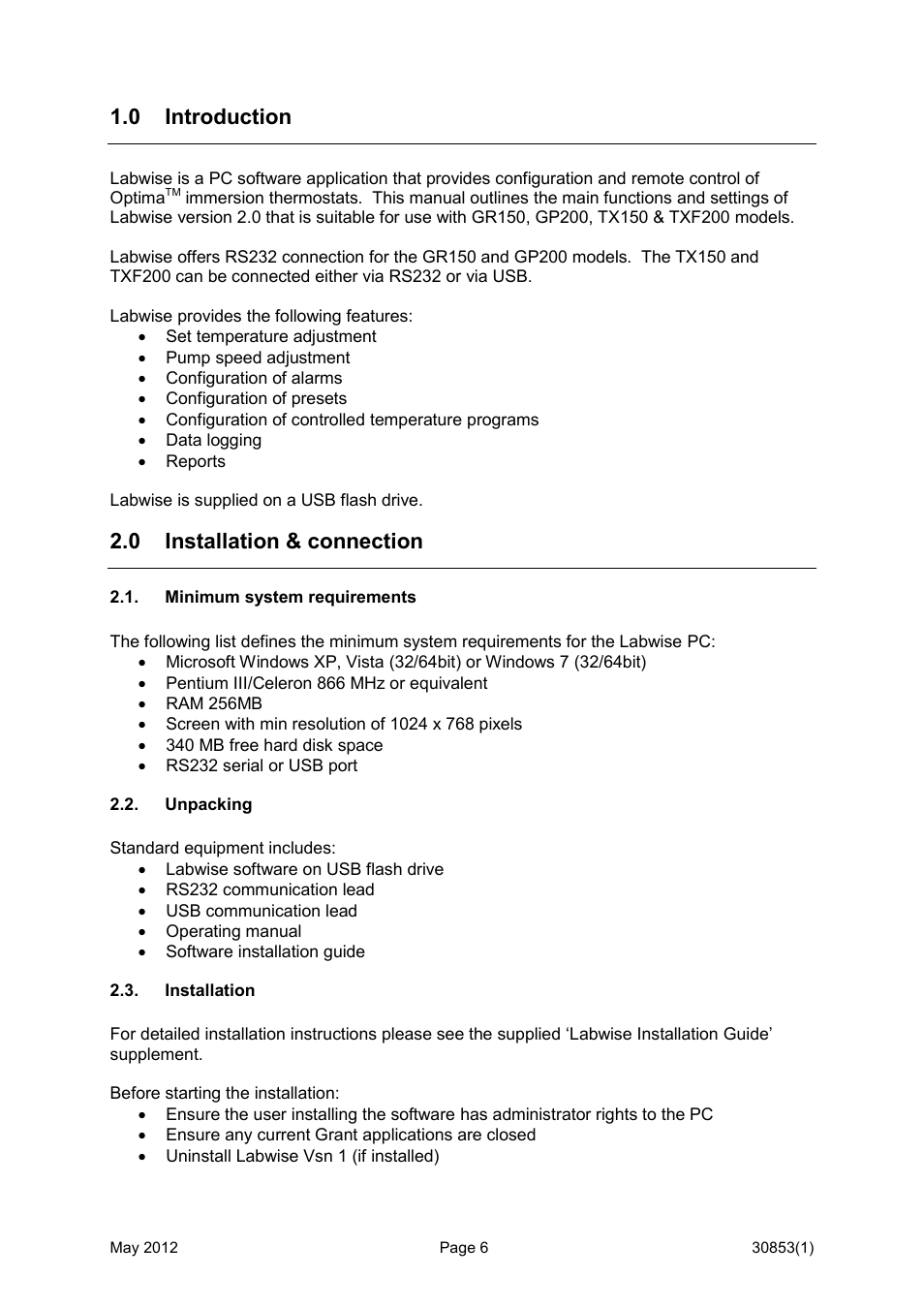 0 introduction, 0 installation & connection, Minimum system requirements | Unpacking, Installation | Grant Instruments Labwise User Manual | Page 6 / 24