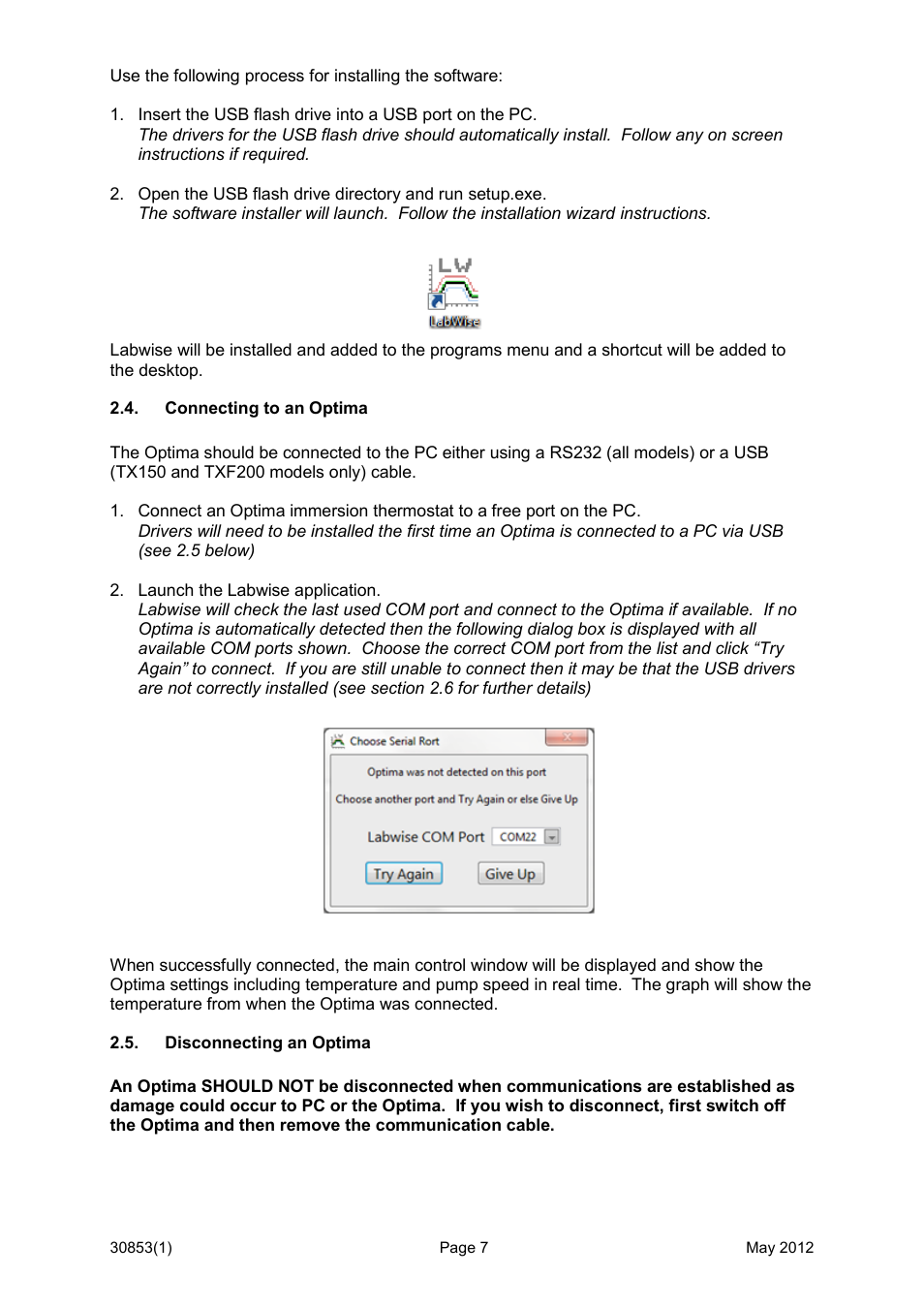 Connecting to an optima, Disconnecting an optima | Grant Instruments Labwise User Manual | Page 7 / 24