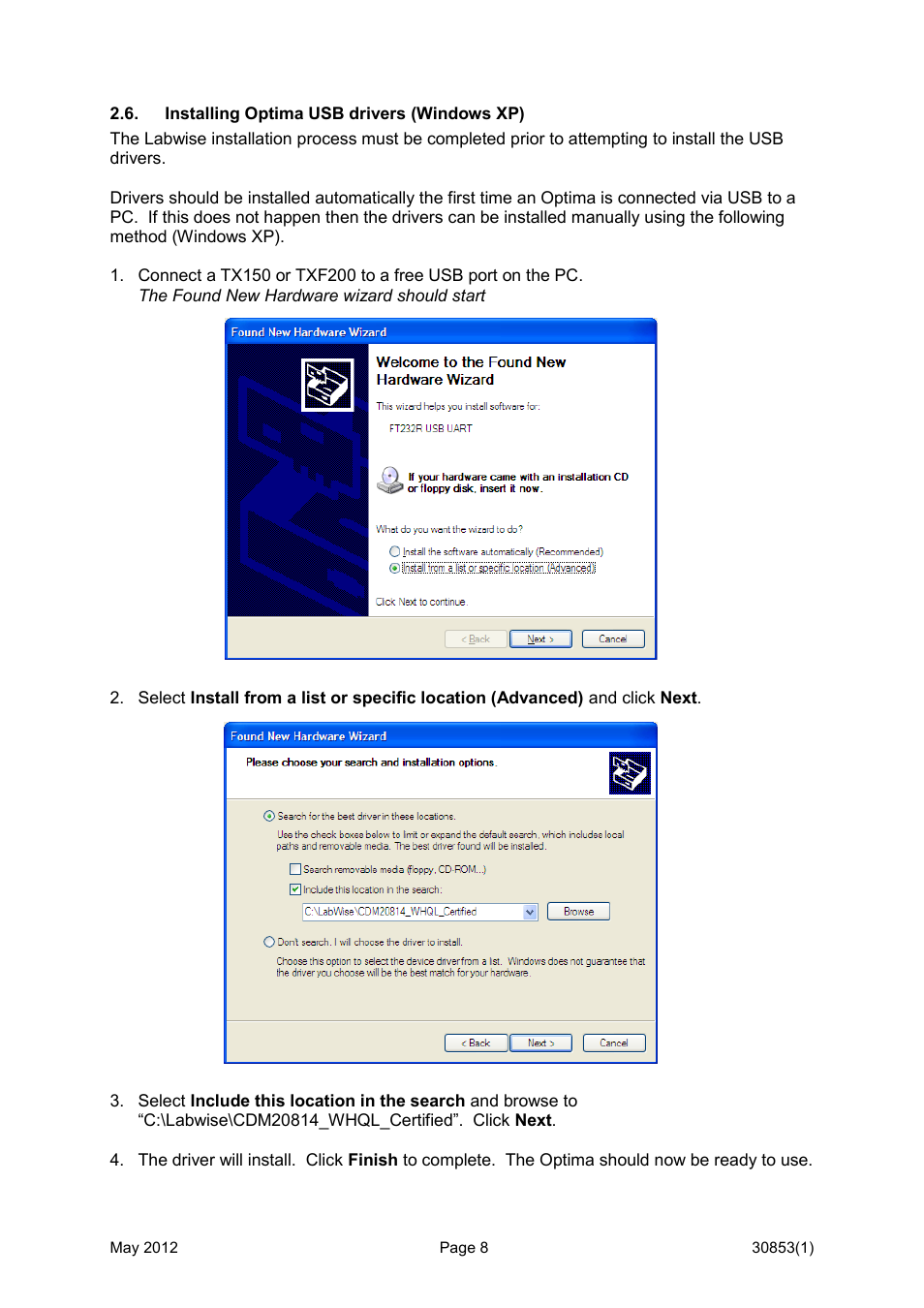 Installing optima usb drivers (windows xp) | Grant Instruments Labwise User Manual | Page 8 / 24