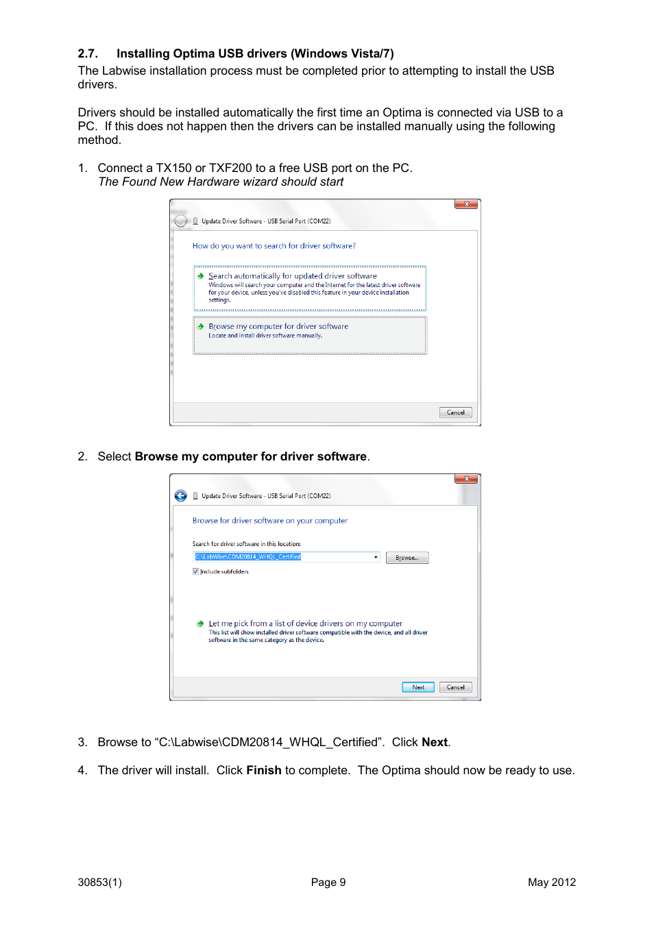 Installing optima usb drivers (windows vista/7) | Grant Instruments Labwise User Manual | Page 9 / 24