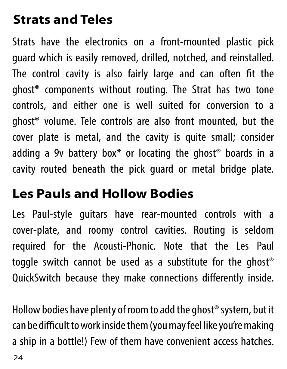 Strats and teles, Les pauls and hollow bodies | Graph Tech Ghost User Manual | Page 24 / 76