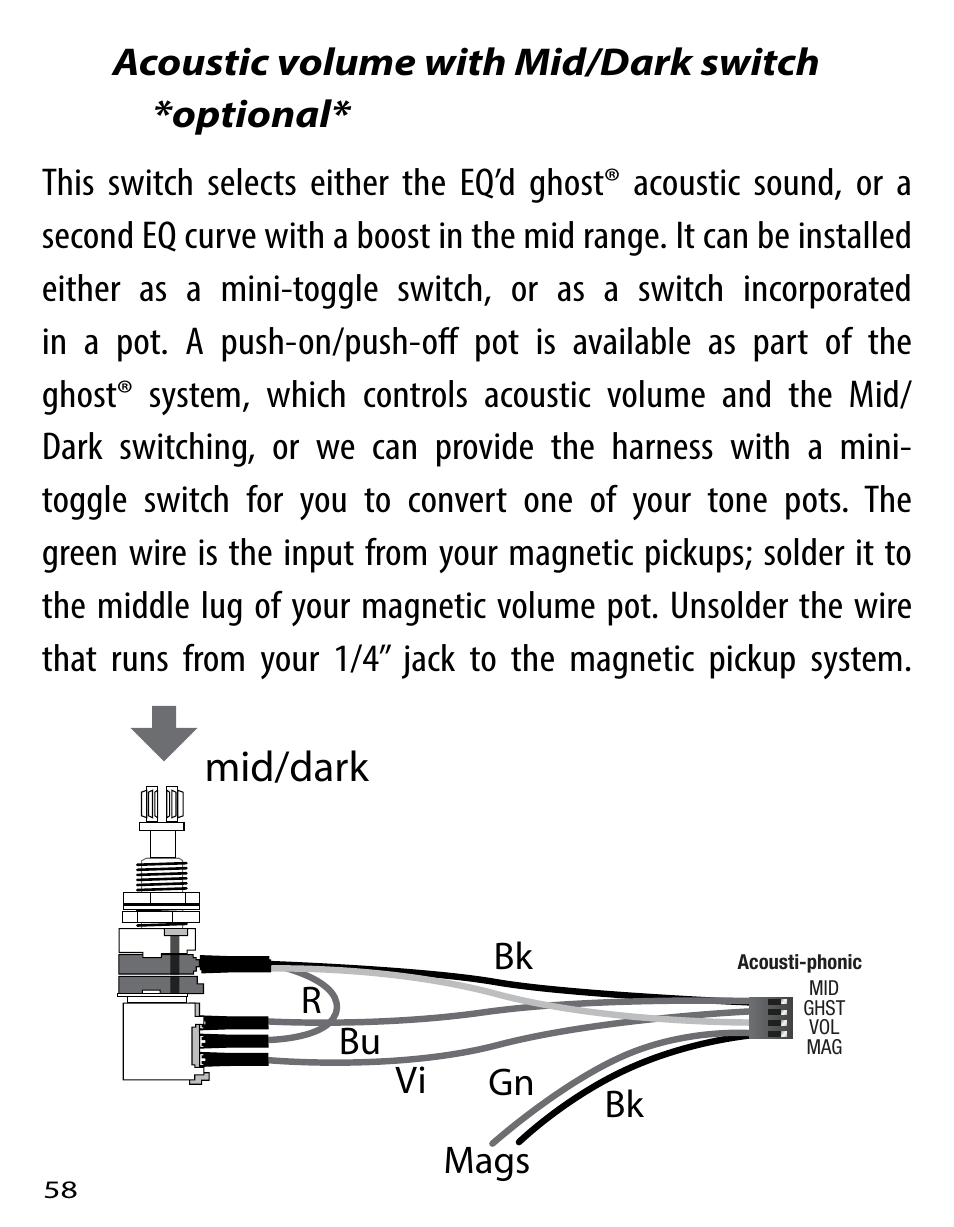 Mid/dark, Acoustic volume with mid/dark switch *optional, Bk gn mags vi r bk bu | Graph Tech Ghost User Manual | Page 58 / 76