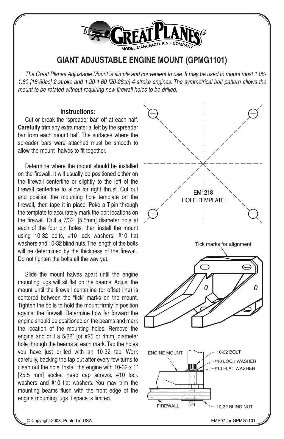 Great Planes Adjustable Engine Mount 1.20-1.80 - GPMG1101 User Manual | 1 page