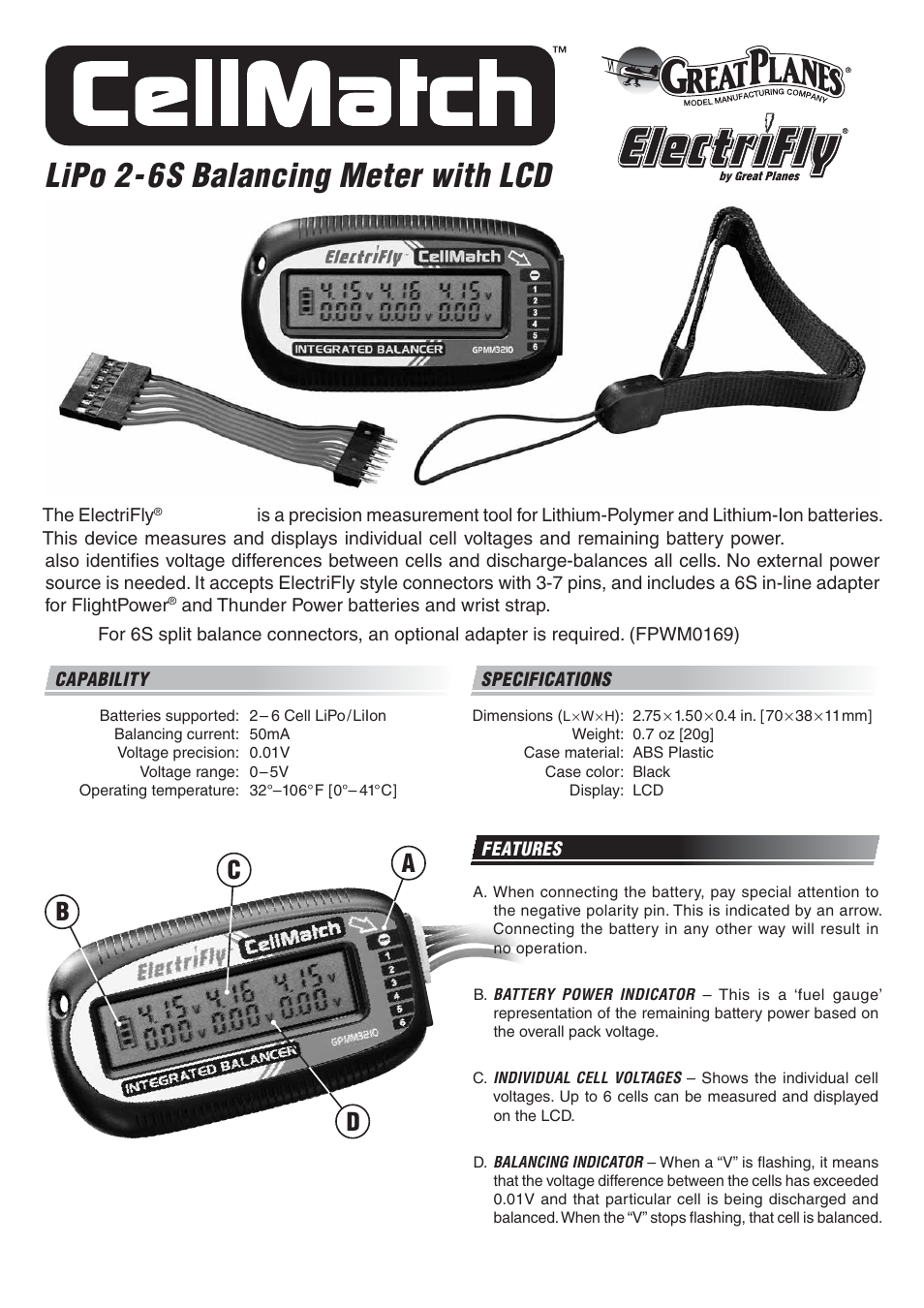 Great Planes CellMatch 6-Cell Voltage Meter/Balancer - GPMM3210 User Manual | 2 pages