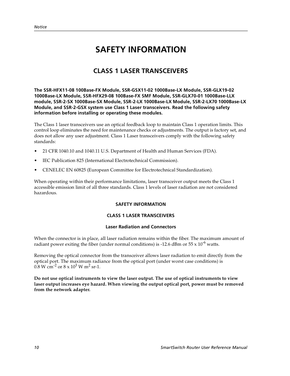 Safety information, Class 1 laser transceivers | Cabletron Systems SmartSwitch User Manual | Page 10 / 338