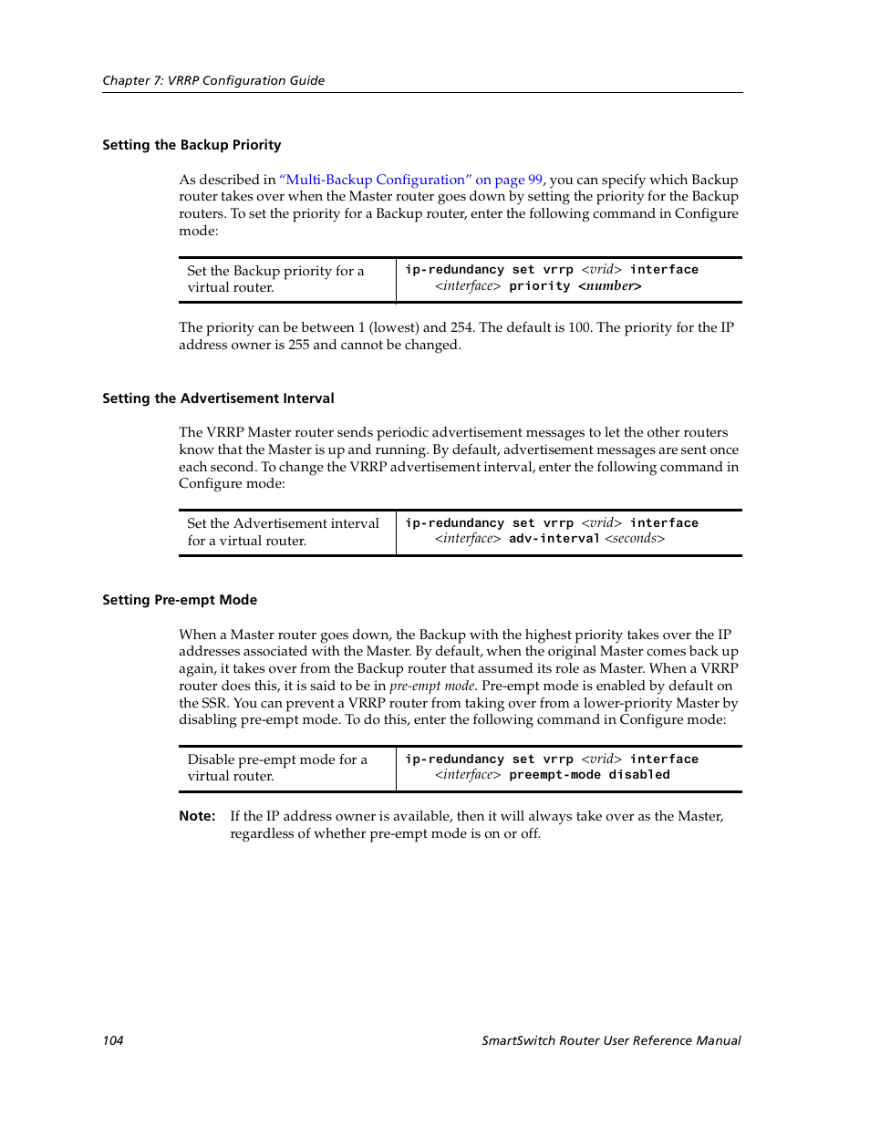 Setting the backup priority, Setting the advertisement interval, Setting pre-empt mode | Cabletron Systems SmartSwitch User Manual | Page 104 / 338