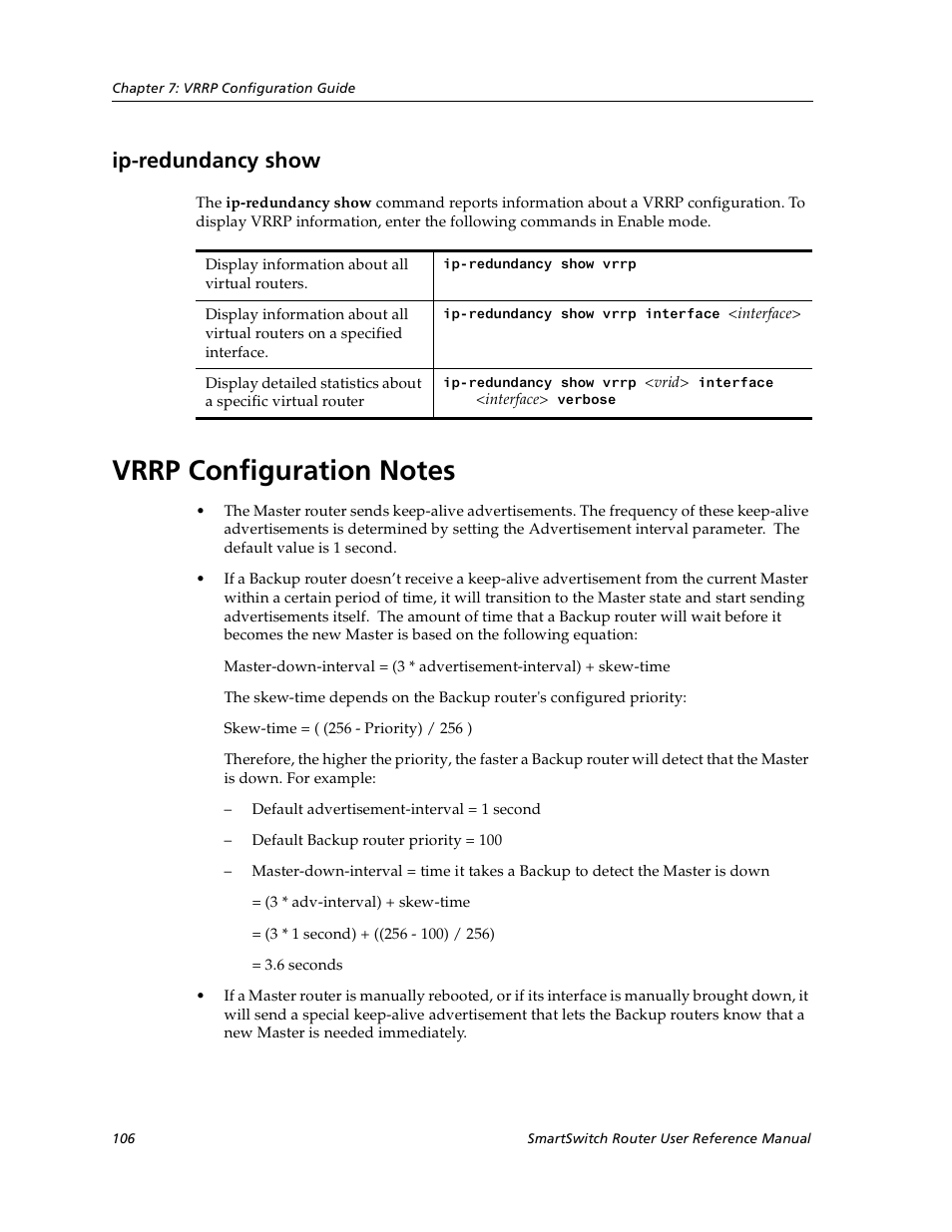 Ip-redundancy show, Vrrp configuration notes | Cabletron Systems SmartSwitch User Manual | Page 106 / 338