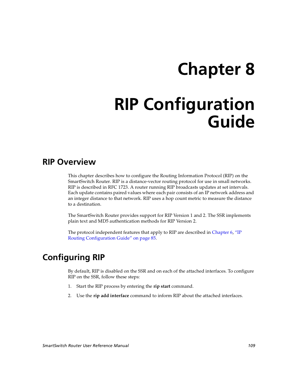 Rip configuration guide, Rip overview, Configuring rip | Chapter 8: rip configuration guide, Rip overview configuring rip, Chapter 8, Rip configuration guide” on, Chapter 8 rip configuration guide | Cabletron Systems SmartSwitch User Manual | Page 109 / 338