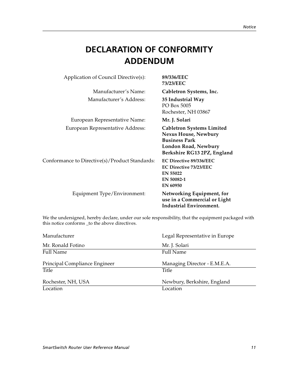 Declaration of conformity addendum | Cabletron Systems SmartSwitch User Manual | Page 11 / 338